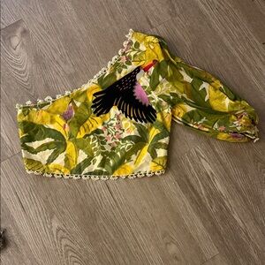 Floral One-Shoulder Top with Bird Design